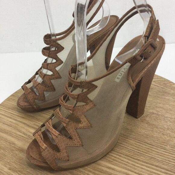 Reed Evins Anthropologie Women Mesh Leather Reptile Open Toe Heels Tan Ivory 7.5 - Picture 3 of 16